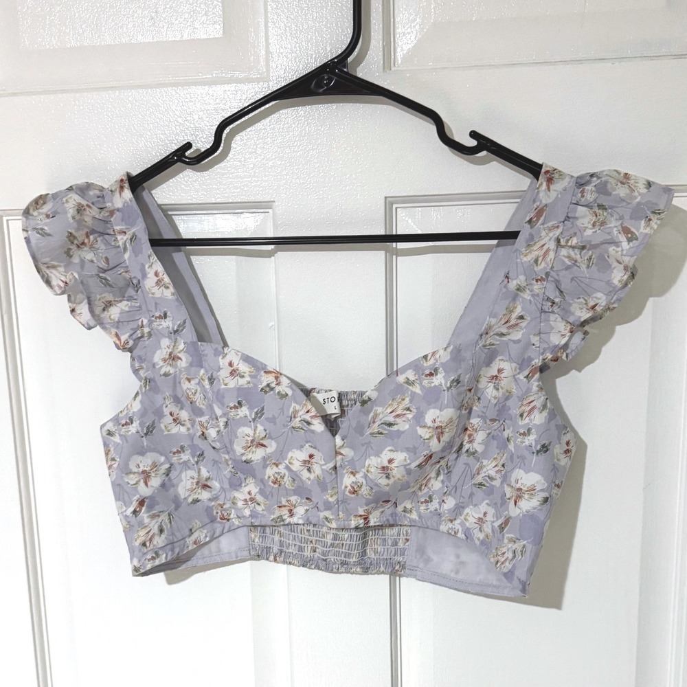 Storia Lavender Floral Ruffle Crop Top Sweetheart‎ Neck Smocked Back Large